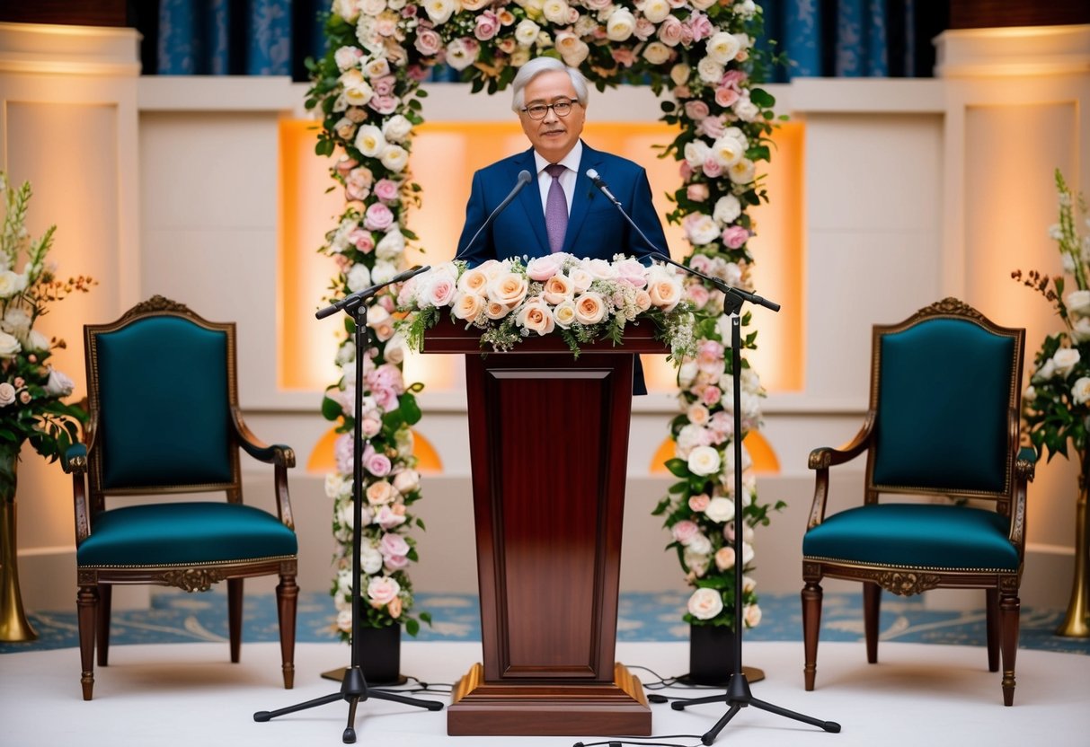 A podium with two microphones, surrounded by floral decorations and elegant seating