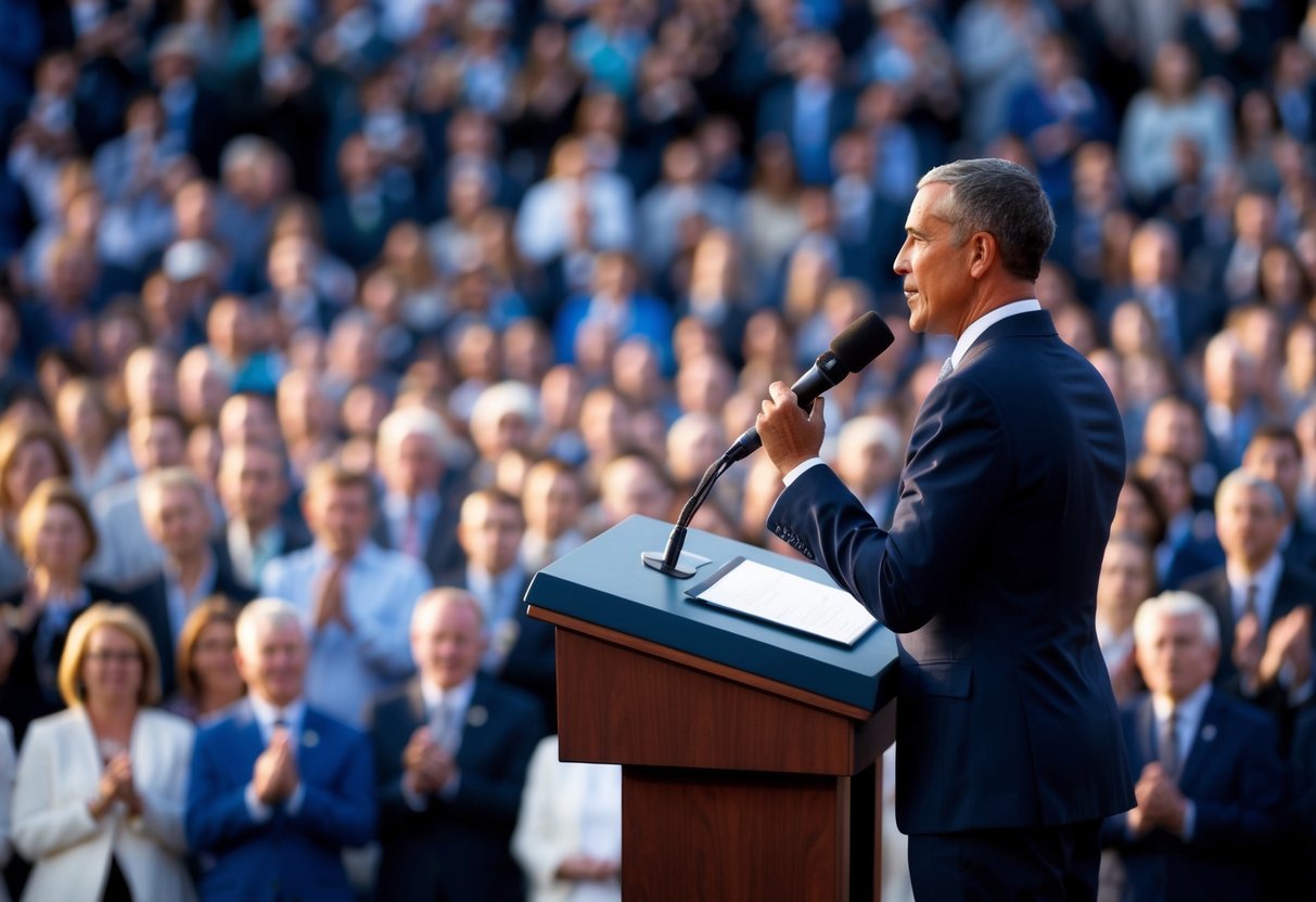 A figure standing at a podium in front of a gathered crowd, speaking into a microphone