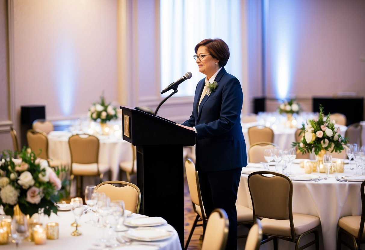 A person standing at a podium with a microphone, surrounded by tables set with elegant place settings and floral centerpieces