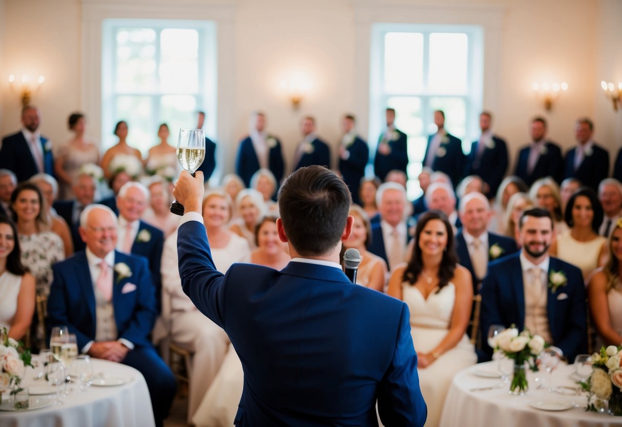 A person standing at a microphone, facing a room filled with wedding guests, with a glass raised in hand