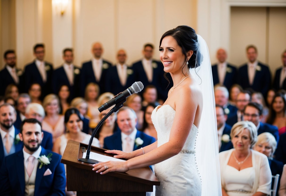 A bride standing at a podium, smiling, with a microphone in front of her, surrounded by a room filled with wedding guests