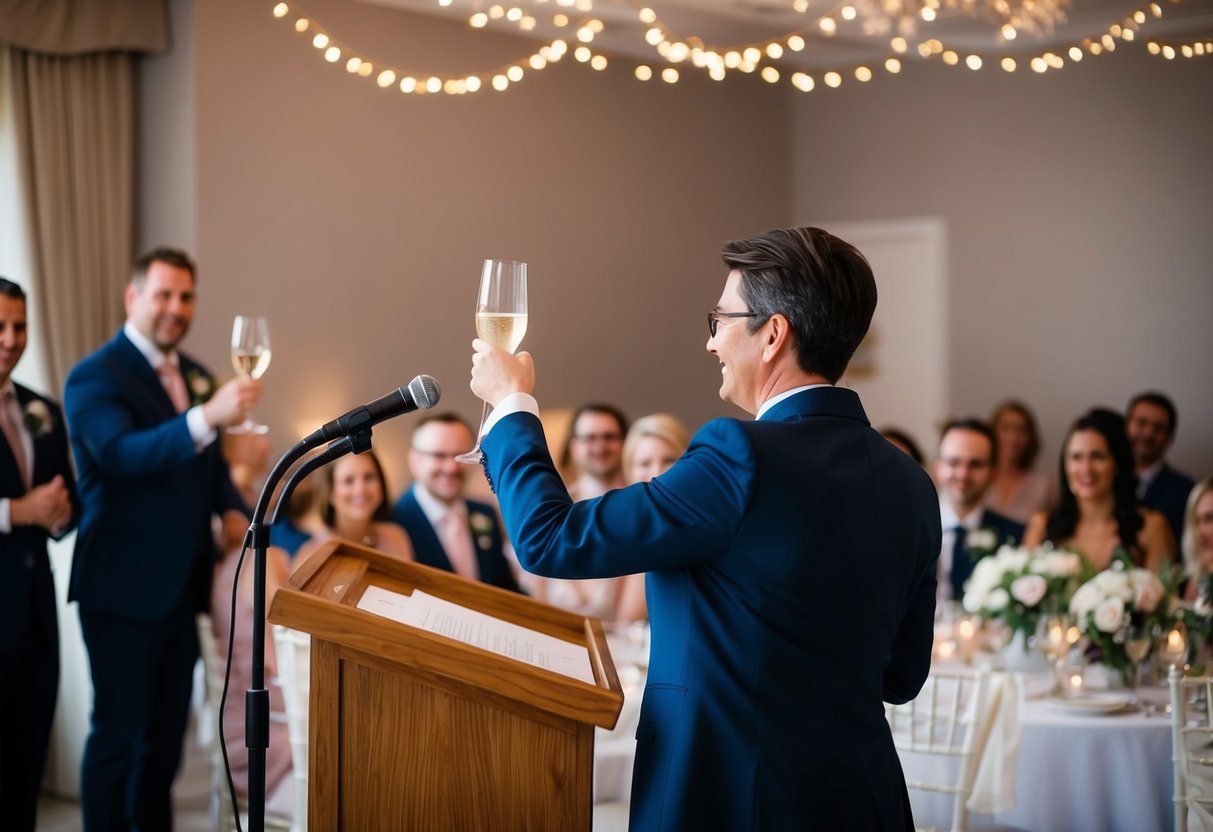 A person standing at a podium, raising a glass to begin a wedding toast. The room is filled with happy guests and soft, romantic lighting