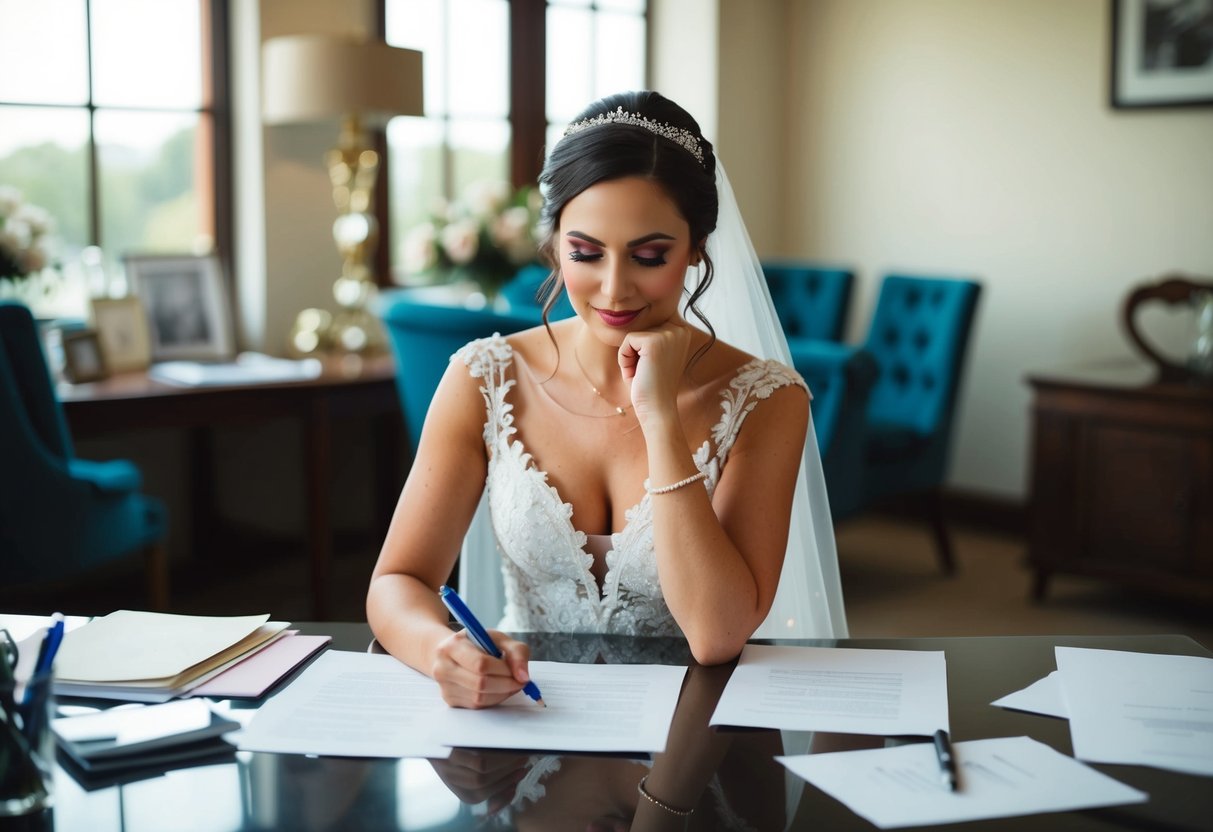 A bride sits at a desk, surrounded by paper and pens. She is deep in thought, crafting her love story into a heartfelt speech