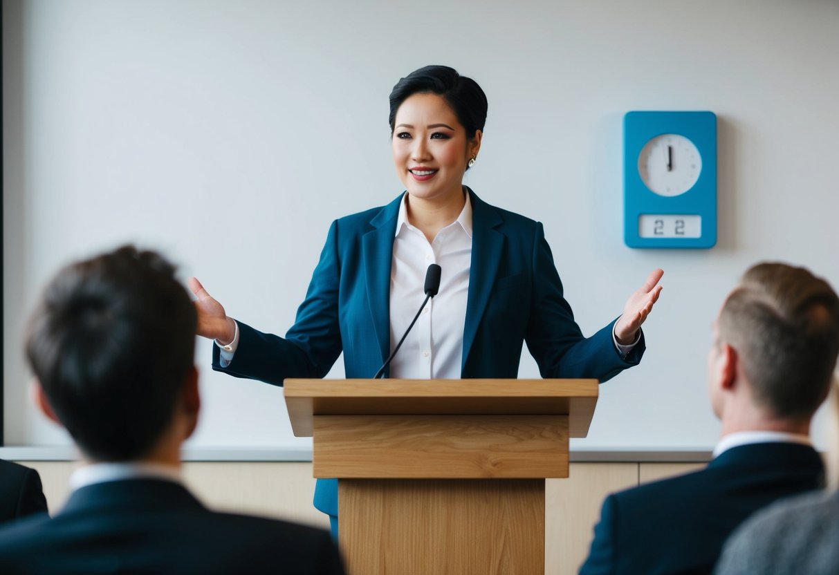 A person standing at a podium, gesturing and speaking confidently to a small audience. A timer on the wall shows 2 minutes