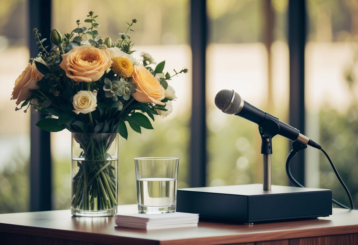 A microphone on a podium with a bouquet of flowers, a glass of water, and a stack of note cards