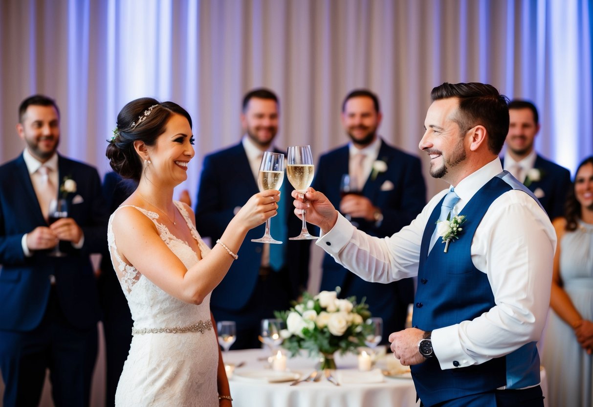 A couple stands at the wedding reception, raising their glasses in a toast while smiling proudly