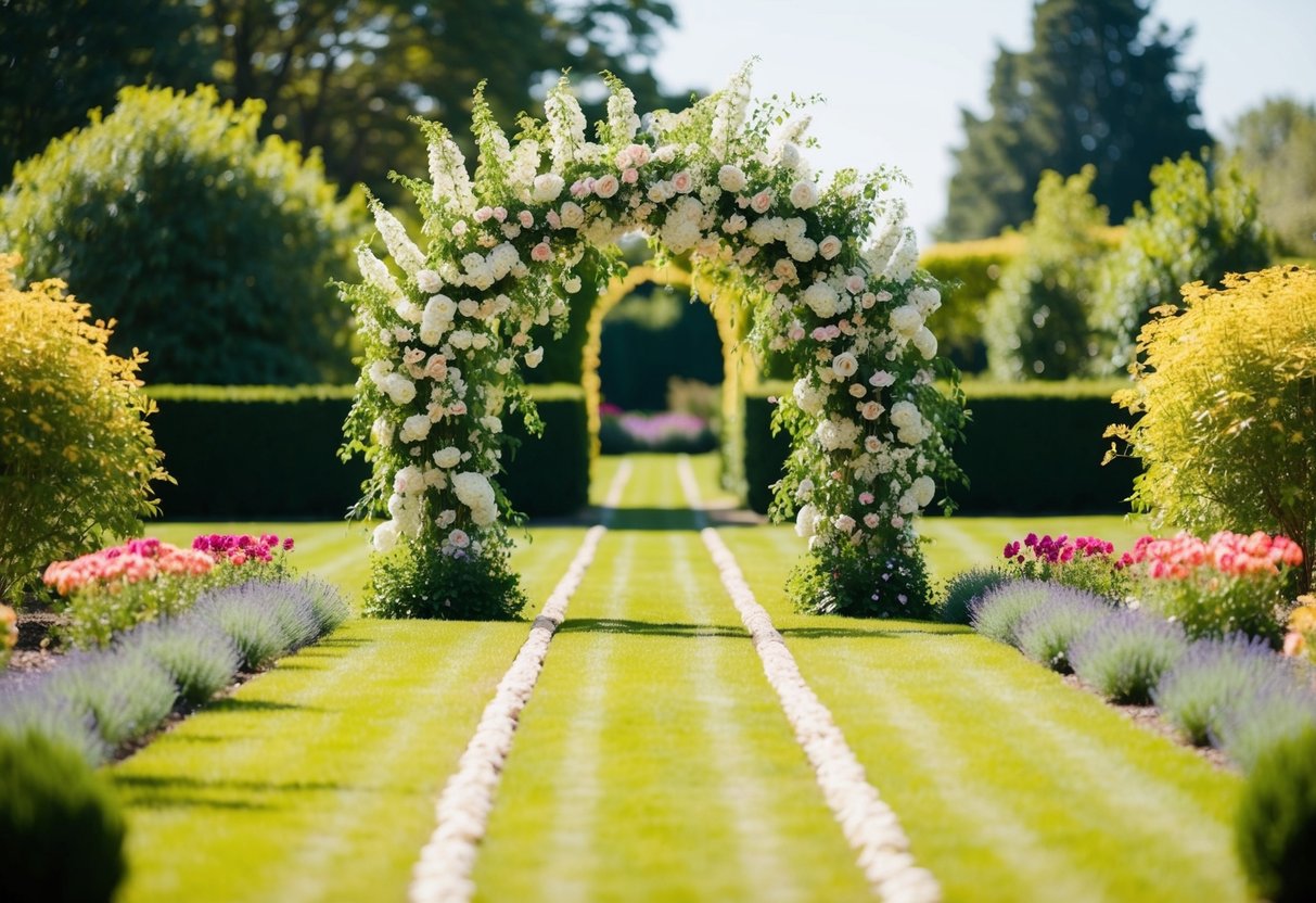 A sunlit garden with two intertwined paths leading to a blooming archway of flowers, symbolizing the unity of two individuals in marriage
