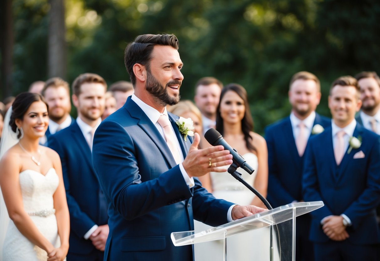 A man stands at a podium, facing a crowd. He gestures and speaks confidently. The bride and groom look on with smiles