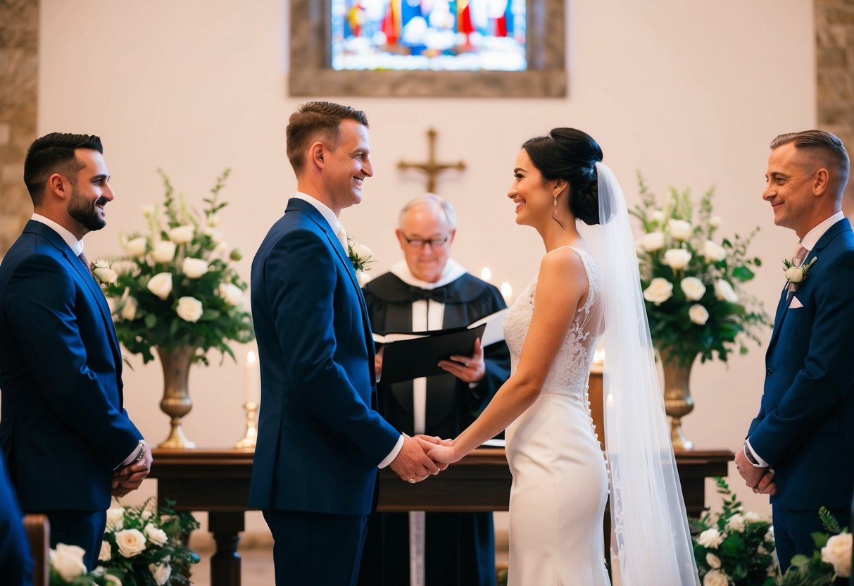 A couple standing at the altar, facing each other with the officiant in the background, exchanging heartfelt vows