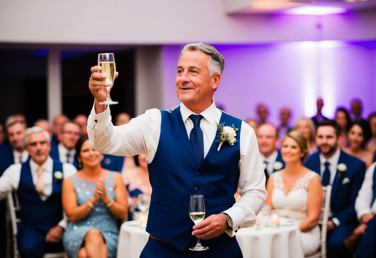 A father stands at a wedding reception, raising a glass to give a speech. He looks out at the crowd with a mix of pride and emotion