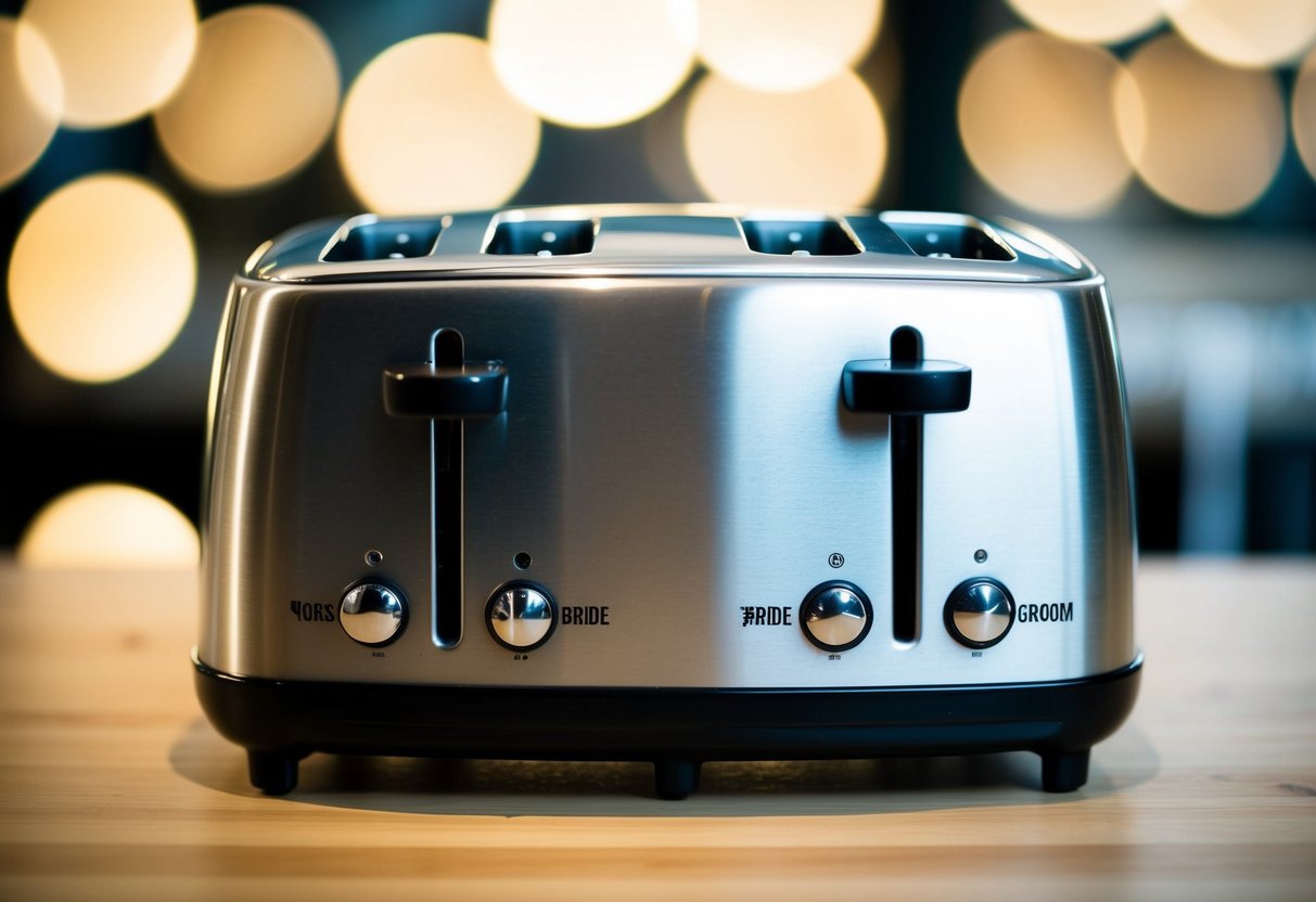 A toaster with two slots, one labeled "bride" and the other labeled "groom."
