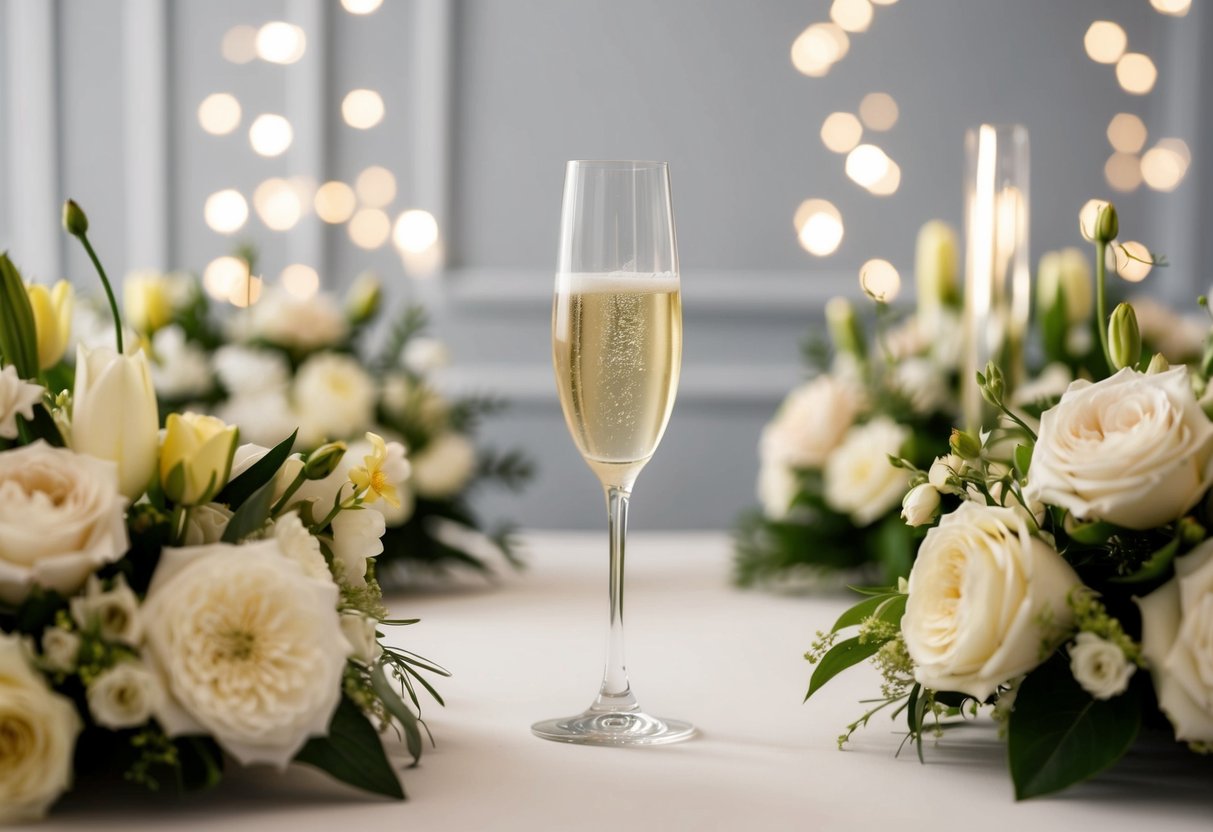 A champagne glass raised in a celebratory gesture, surrounded by elegant wedding decor and floral arrangements
