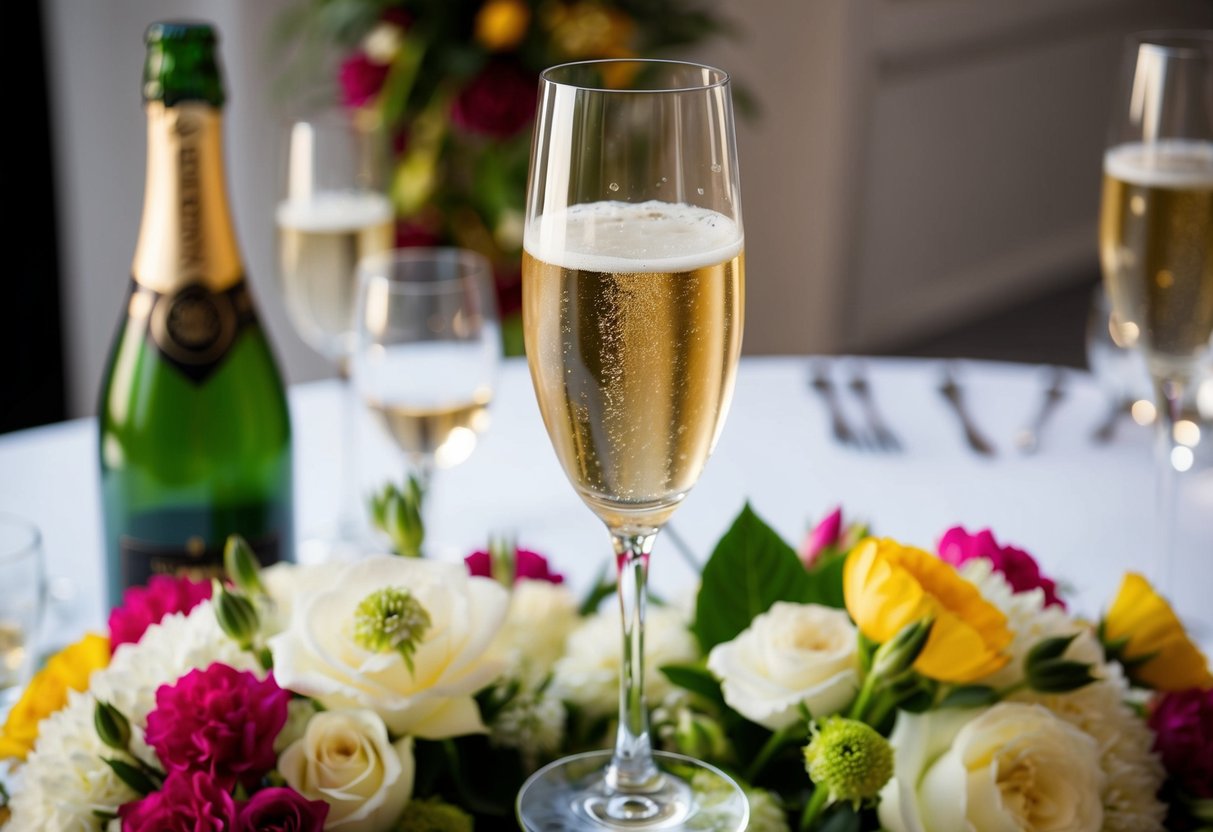 A champagne glass raised in celebration, surrounded by flowers and wedding decor