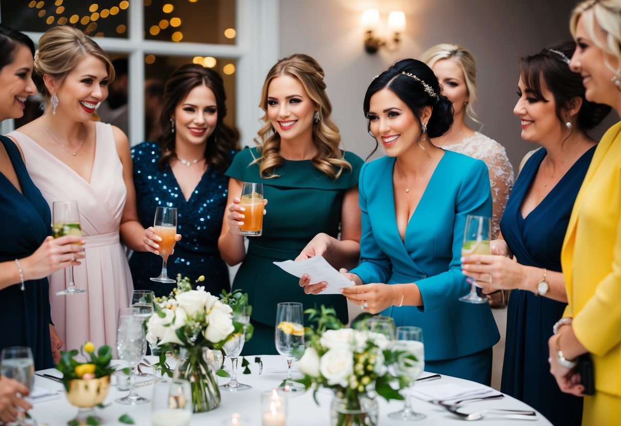 A group of women gather around a table with drinks and decorations, while the maid of honour handles the bill with a confident smile