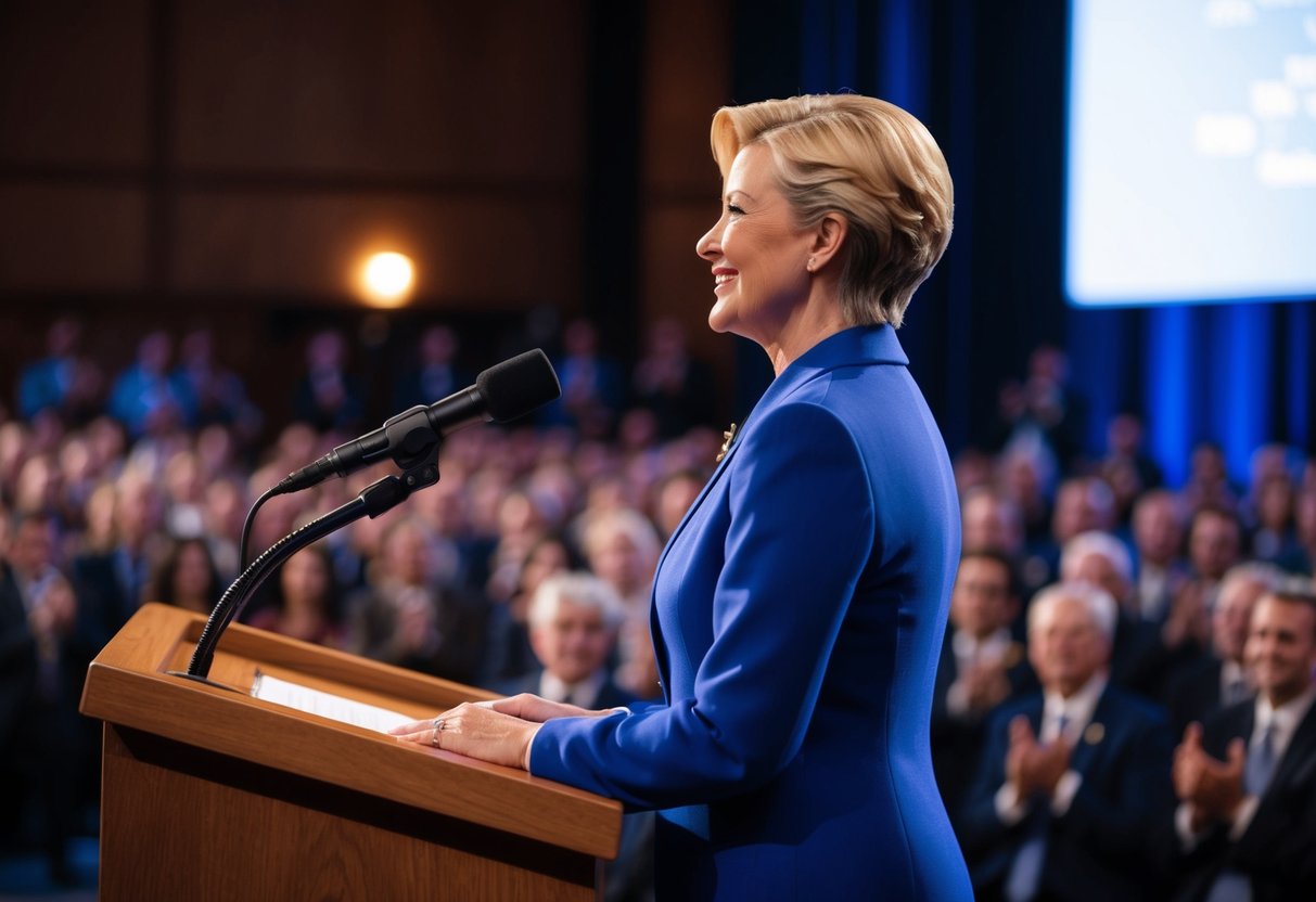 A figure at a podium with a confident stance, looking out at an audience with a warm smile, as the room fills with applause