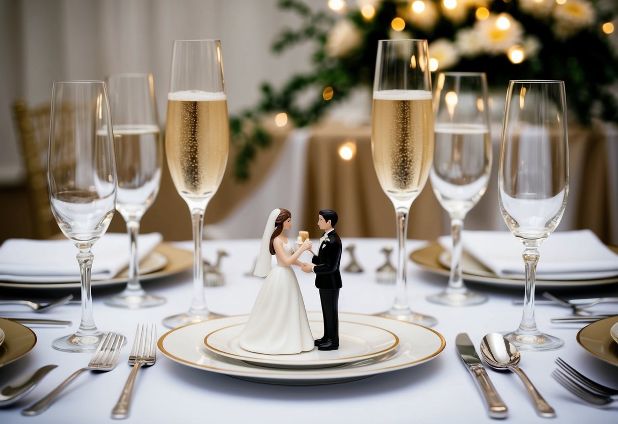 A table set with champagne flutes and a plate of toast, with a bride and groom figurine on top, surrounded by elegant place settings