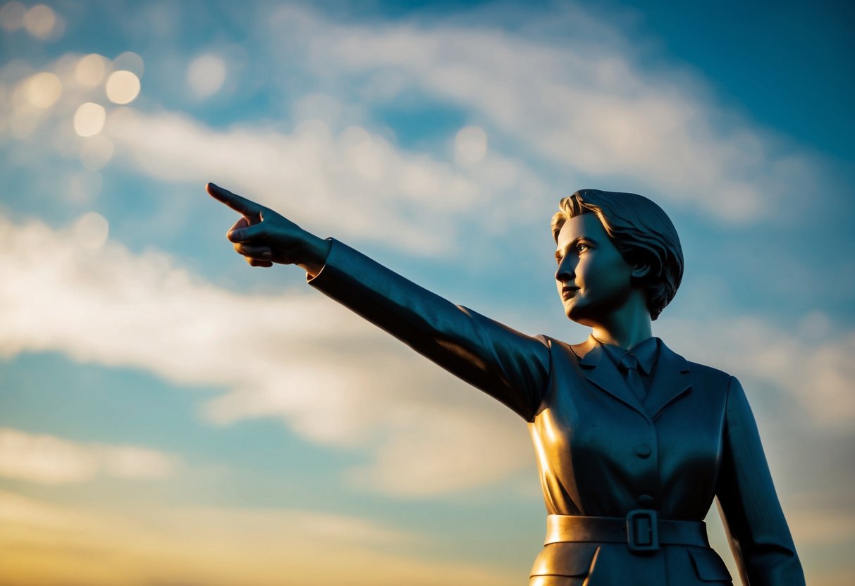A figure pointing to the sky with a confident stance