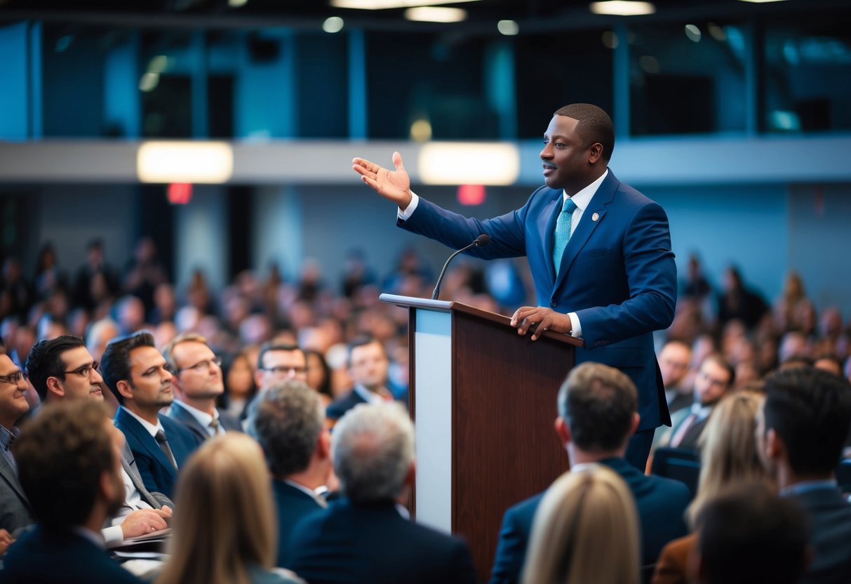 A speaker stands confidently at a podium, gesturing towards the audience with a sense of conviction and sincerity. The audience leans in, attentive and engaged
