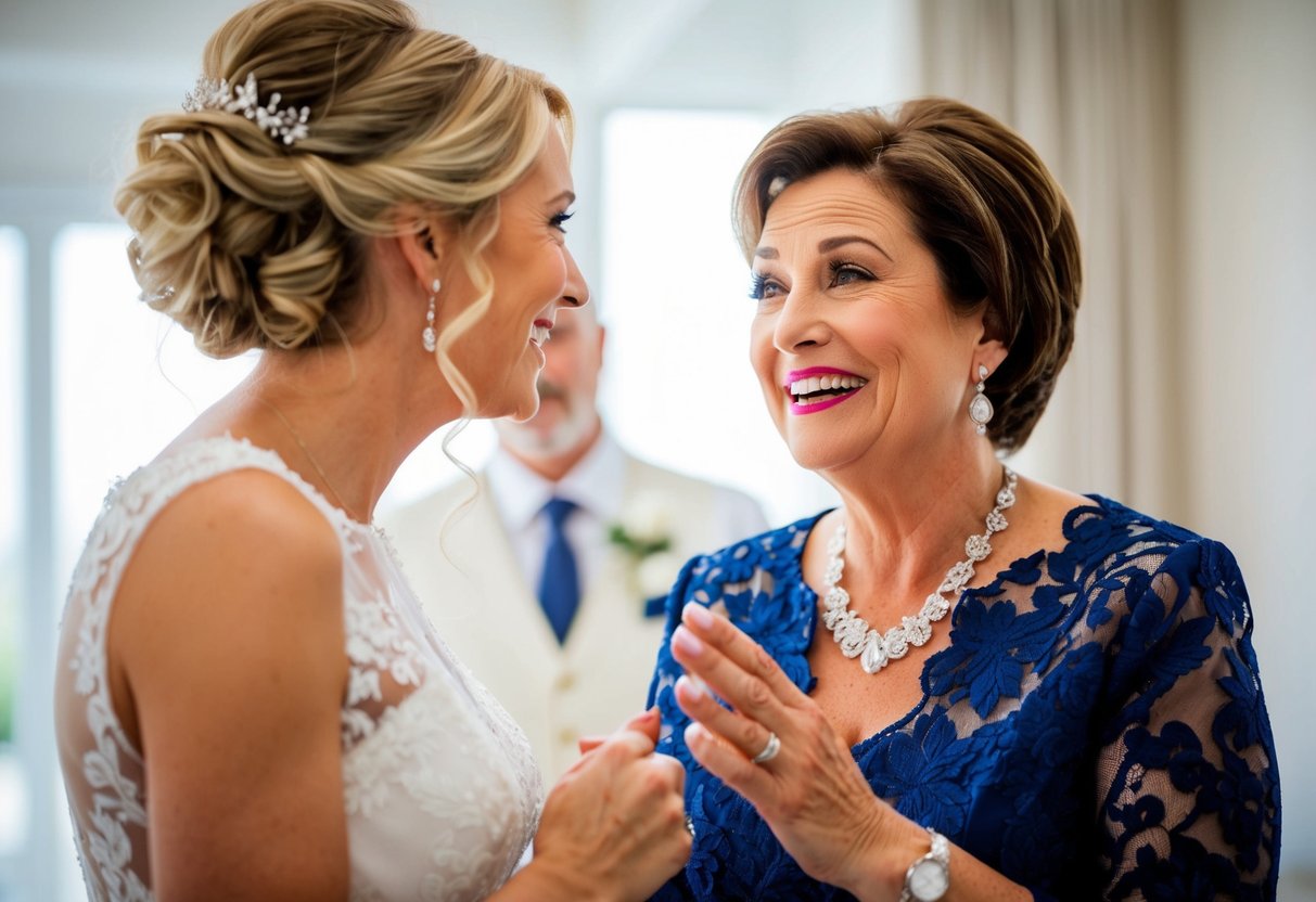 A mother of the bride smiling and offering words of encouragement to her daughter