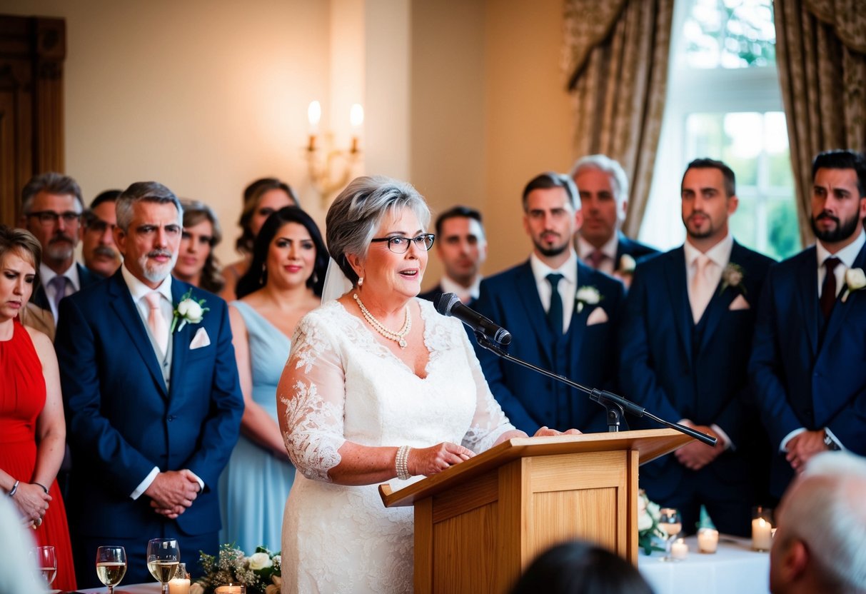 A mother of the bride standing at a podium, surrounded by family and friends, delivering a heartfelt and emotional speech at her daughter's wedding reception
