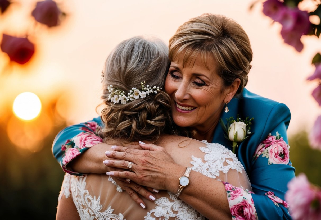 A mother of the bride embraces her daughter, tears of joy in her eyes, surrounded by blooming flowers and a warm, golden sunset