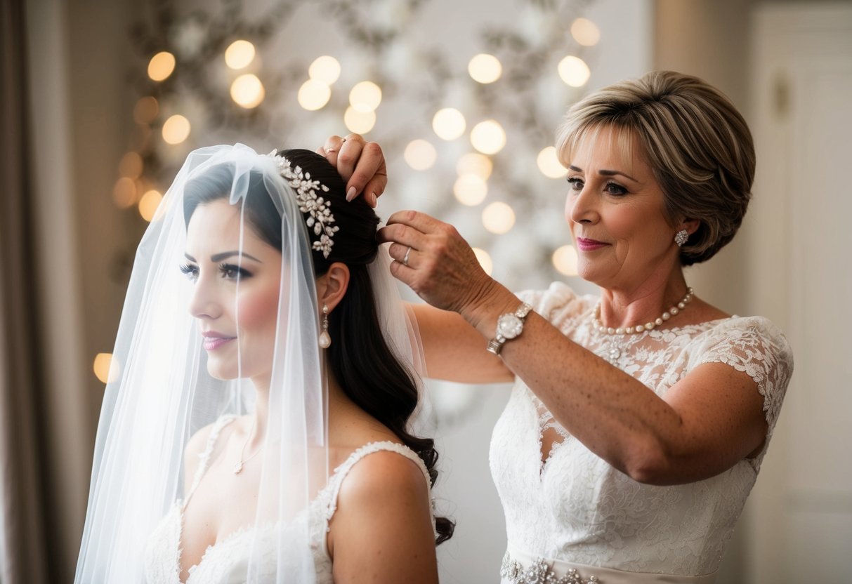 A mother of the bride delicately arranging a veil on her daughter's head