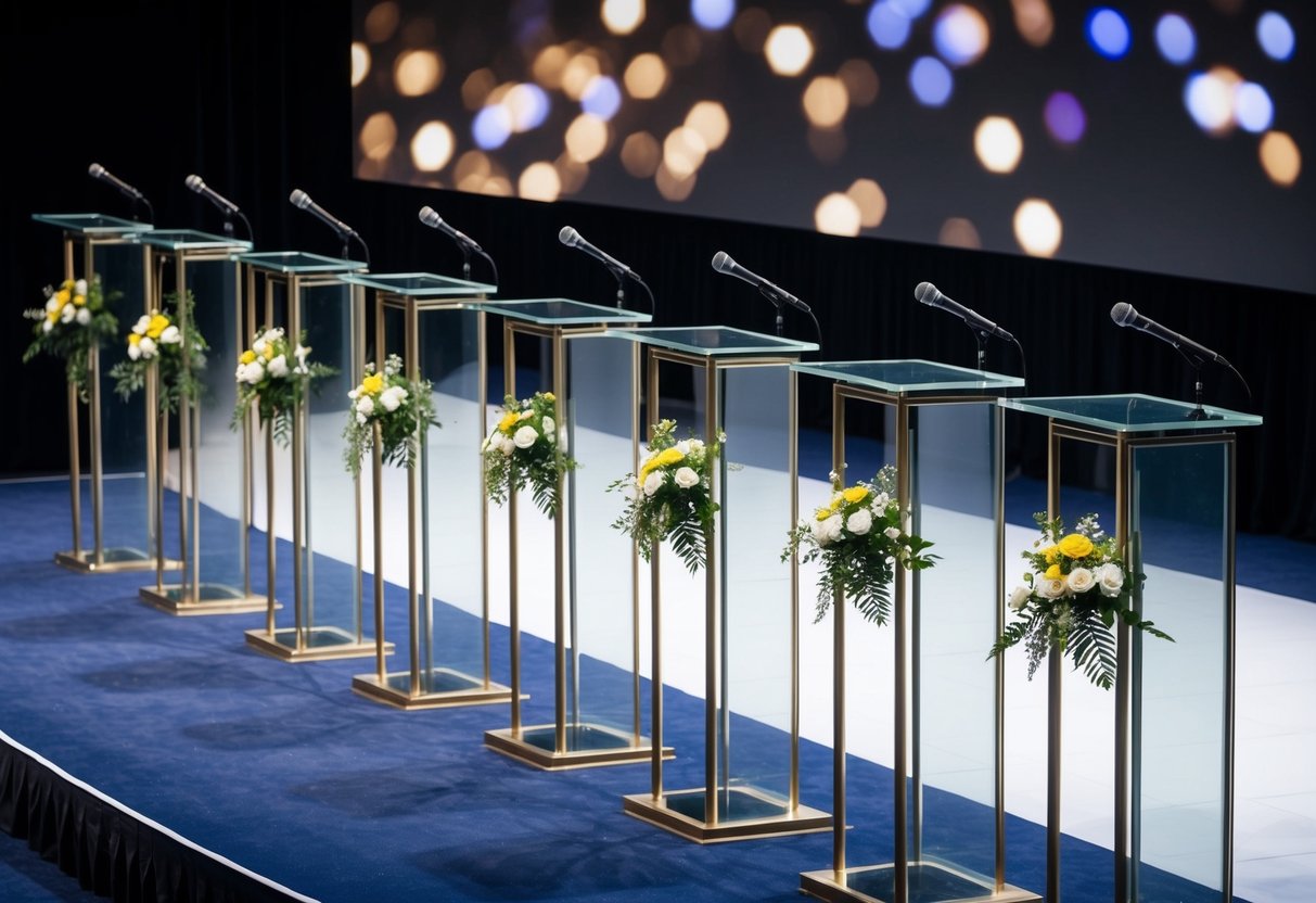 A lineup of empty podiums on a stage, each adorned with a microphone and a small bouquet of flowers