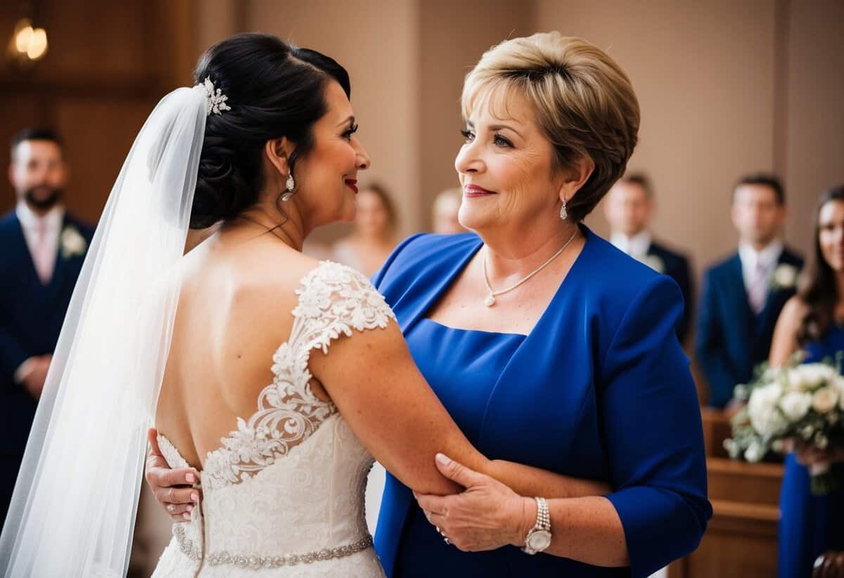 A mother gazes proudly at her daughter in her wedding gown, offering words of love and wisdom as they embrace before the ceremony