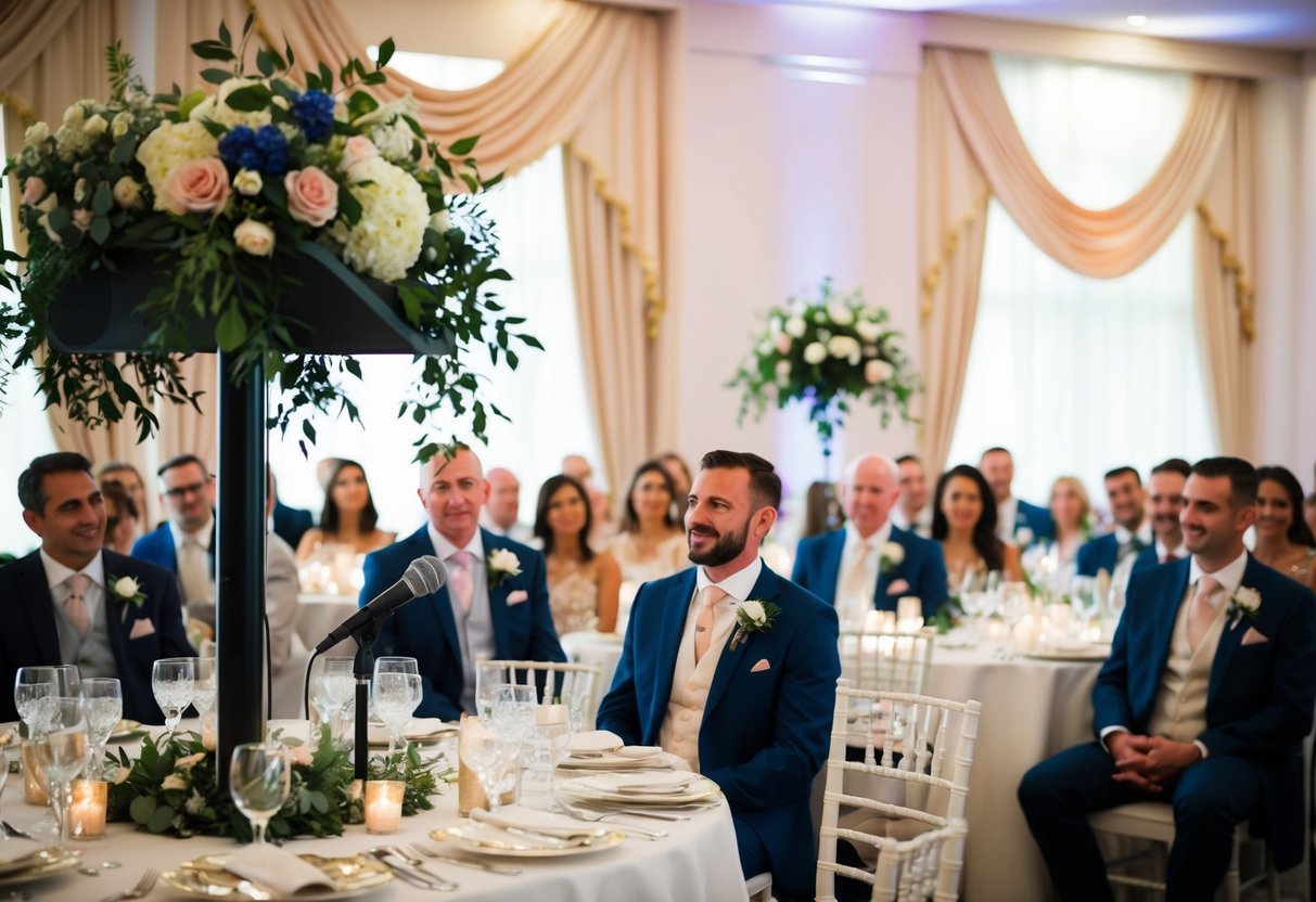 A microphone stands on a podium, surrounded by floral decorations. Tables are set with elegant place settings and guests are seated, eagerly awaiting the start of the wedding speeches