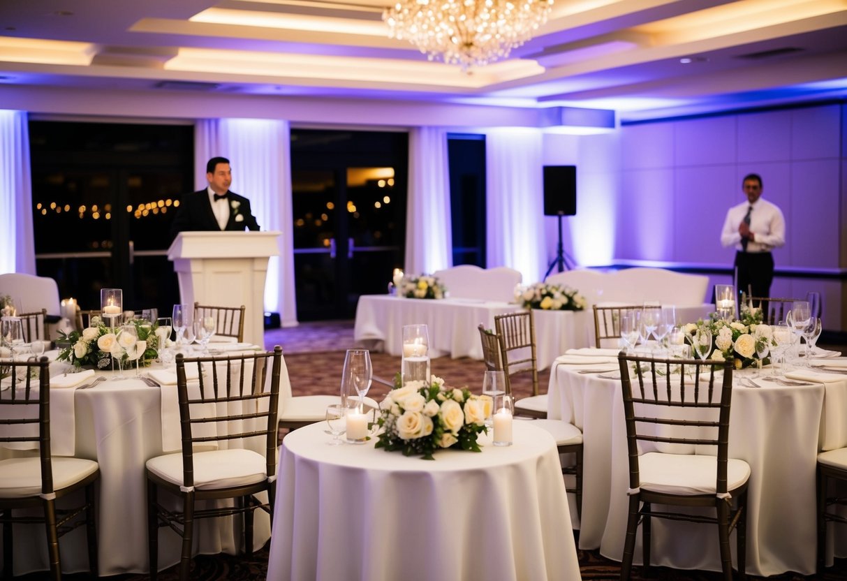 A wedding reception with a podium for speeches, arranged seating, and a microphone for the master of ceremonies