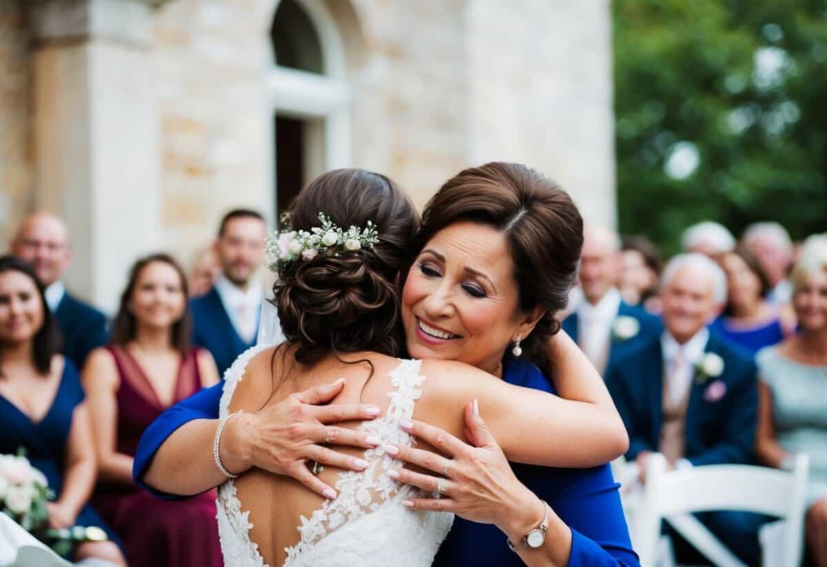 A mother embraces her daughter, tears of joy in her eyes, as she whispers words of love and wisdom at the wedding