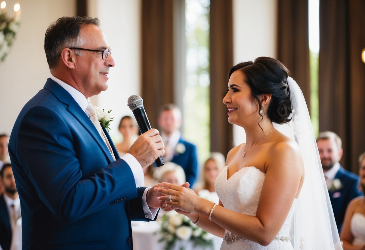 A father giving a speech at a wedding, avoiding inappropriate jokes or remarks about the bride or her past relationships