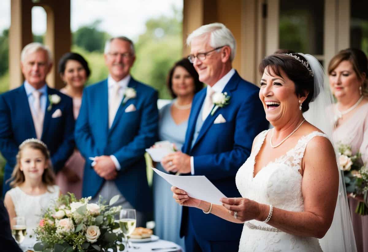A mother stands proudly, beaming with joy as she delivers a heartfelt speech at her daughter's wedding, surrounded by family and friends