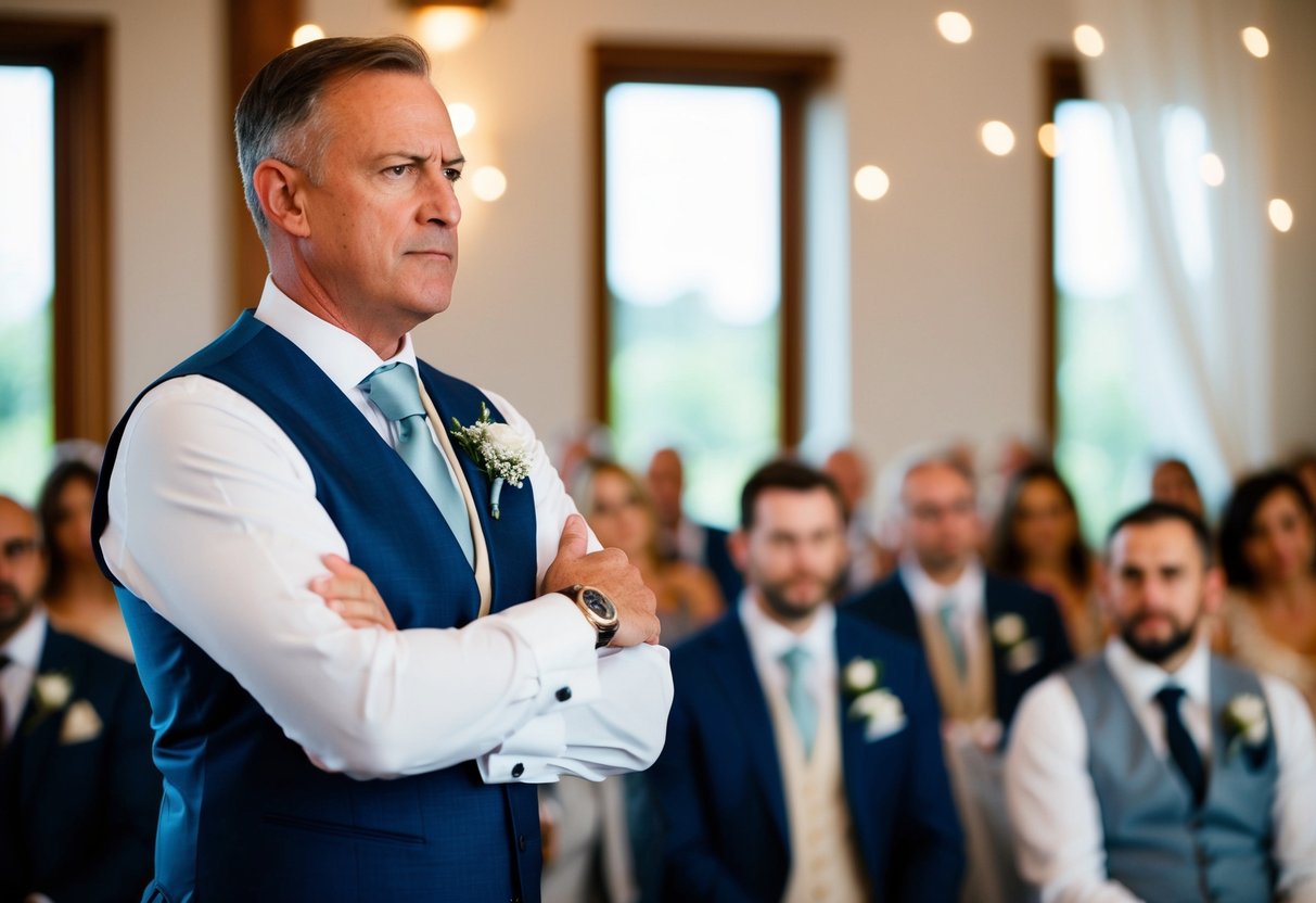 A father giving a speech at a wedding, with a stern expression and crossed arms, while avoiding mentioning anything negative or inappropriate