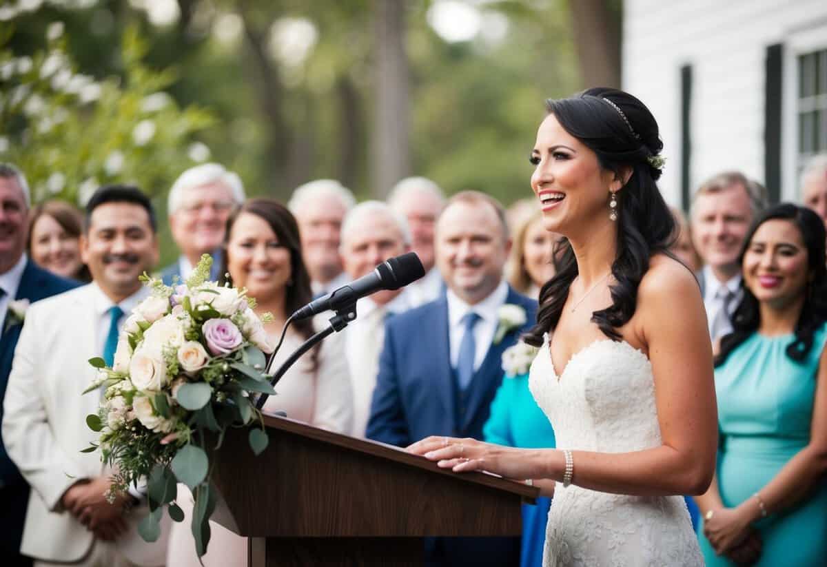 A woman stands at a podium, surrounded by flowers and smiling faces, addressing the crowd at a wedding