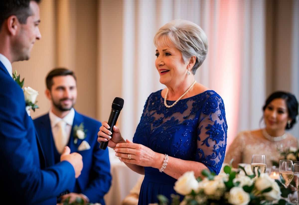 The mother of the groom gives a heartfelt speech at the wedding reception