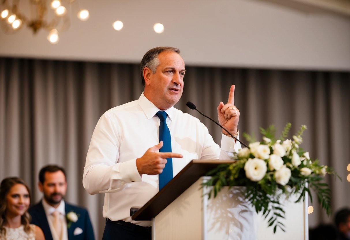 A father standing at a wedding reception podium, gesturing with a finger wag and a disapproving expression on his face