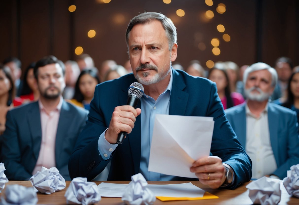 A father holding a microphone, surrounded by crumpled papers and a frown, while a disapproving audience looks on