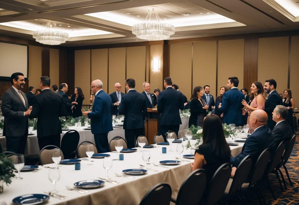A banquet hall with a long table set with empty plates and glasses, a podium at the front, and a group of people mingling and chatting