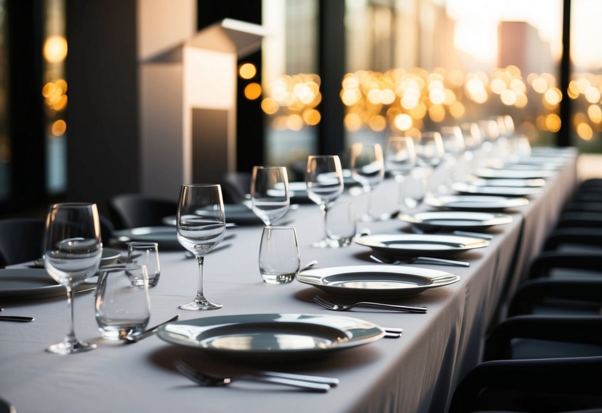 A long dining table set with empty plates and glasses, a podium at one end