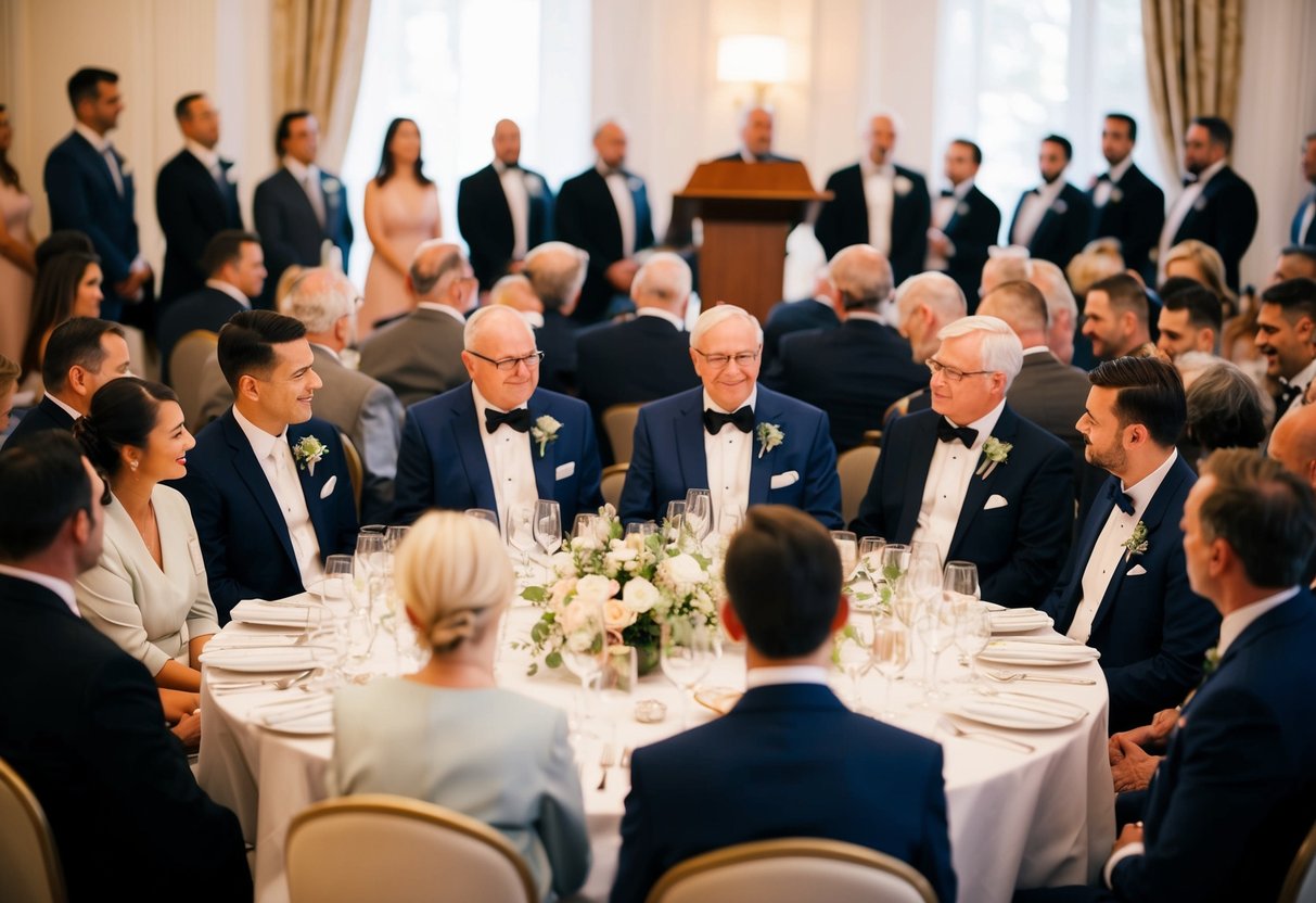 Guests gather around a table set with elegant place settings. A podium stands at the head of the table, indicating that speeches will precede the meal