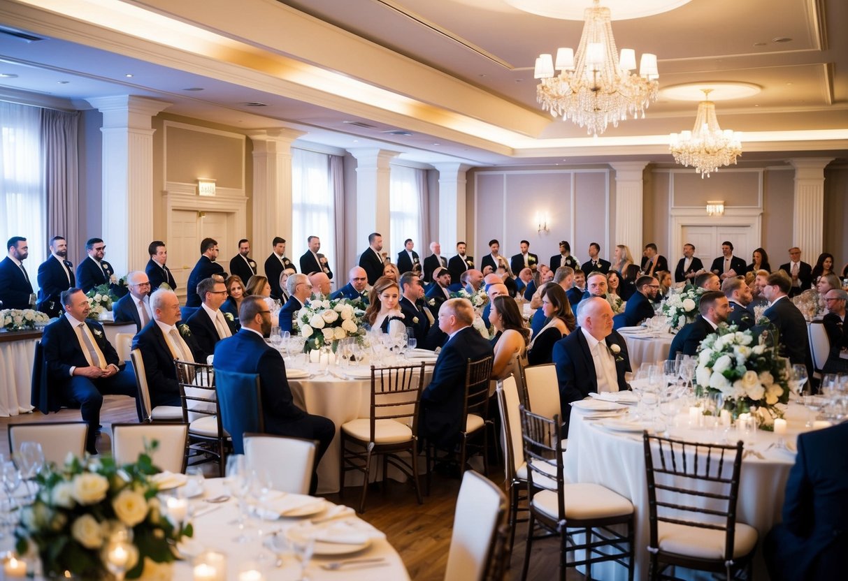 Guests gather in a beautifully decorated reception hall, tables adorned with elegant centerpieces. A microphone stands at the front, ready for speeches. The aroma of delicious food wafts from the kitchen