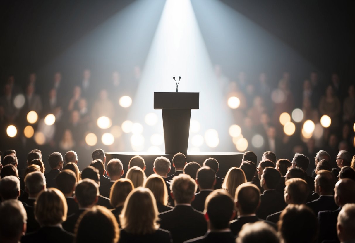 A podium stands center stage, bathed in a spotlight, surrounded by a sea of expectant faces