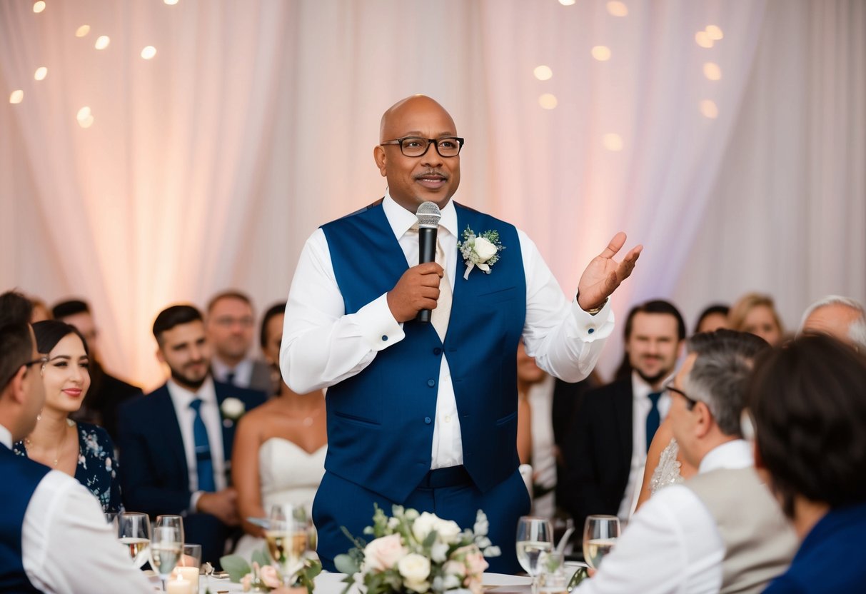 A father stands at a wedding reception, surrounded by guests, with a microphone in hand, delivering a heartfelt speech