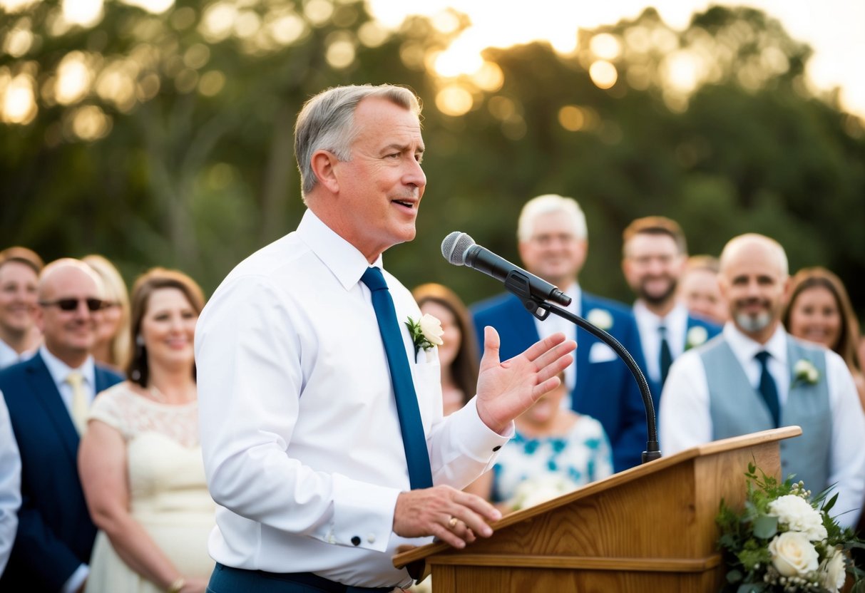 A father stands at a wedding podium, addressing a crowd with a microphone. He gestures and speaks confidently, surrounded by happy guests