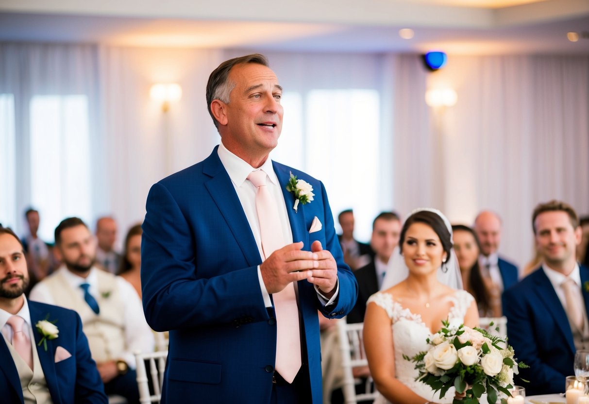 A father stands at a wedding reception, speaking with emotion and pride. The audience listens attentively, while the bride looks on with a smile