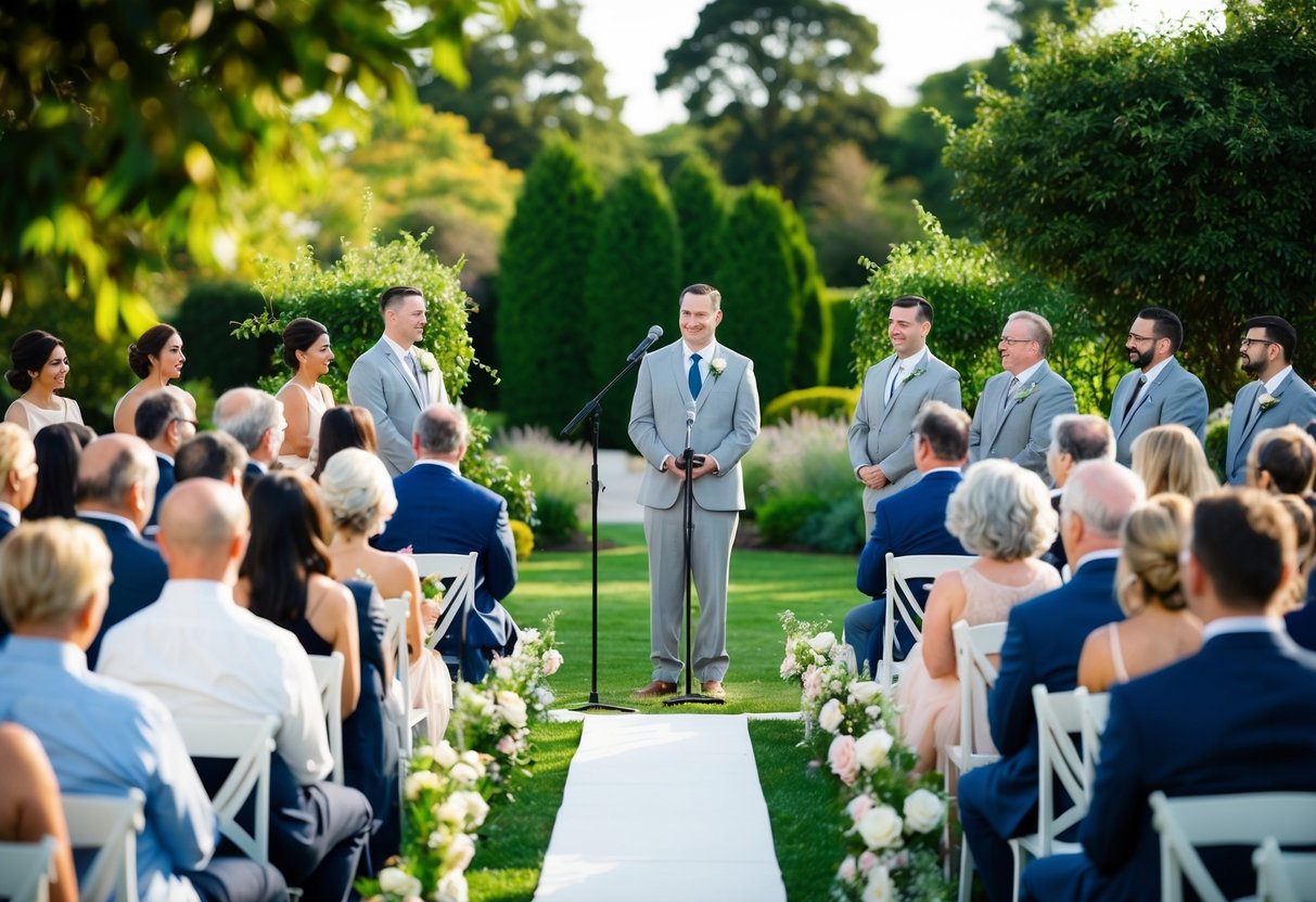 A serene outdoor wedding ceremony with no podium or microphone, guests seated in a beautiful garden setting