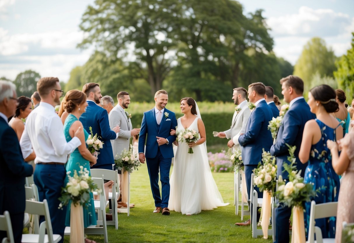A serene outdoor wedding ceremony with guests mingling and enjoying the beautiful surroundings, with no speeches or formalities taking place