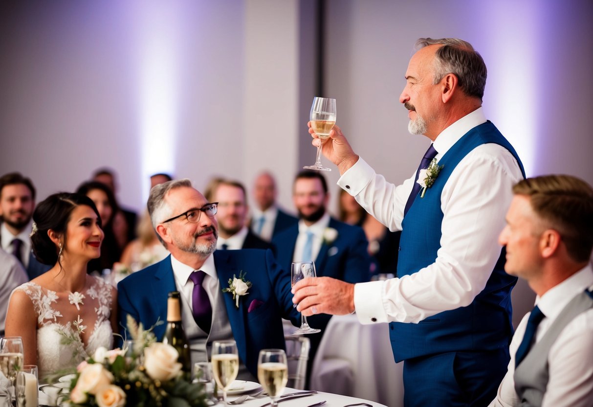 A father stands at a wedding reception, raising a glass for a toast. Guests listen attentively as he delivers a heartfelt tribute to his daughter