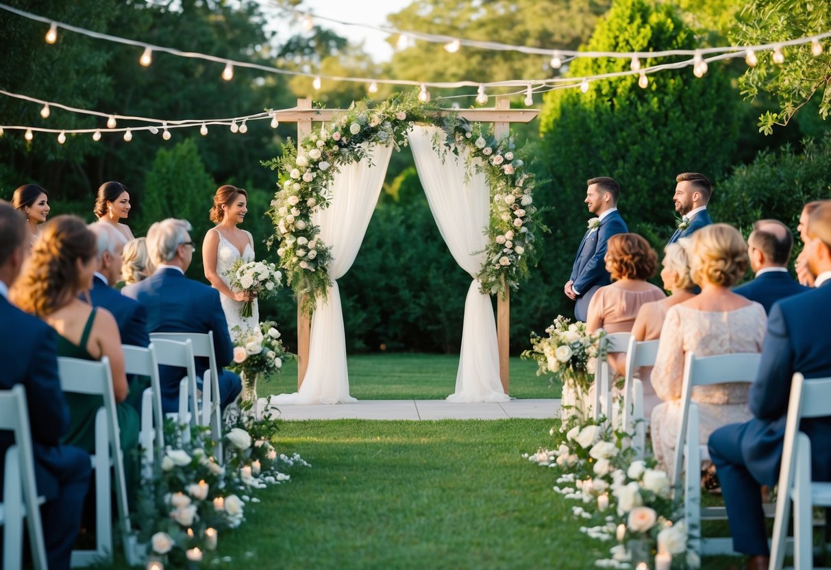 A serene outdoor wedding ceremony with a beautiful arch and floral decorations, surrounded by lush greenery and twinkling fairy lights